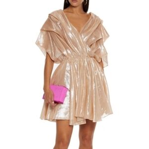 CAROLINE CONSTAS Marcella Wrap-effect Pleated Lamé Mini Dress In Rose Gold
